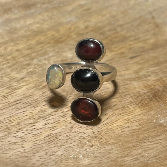 White Ethiopian Opal & Black Opal 925 Sterling Silver Four Stone Open Ring - Picture 8 of 16